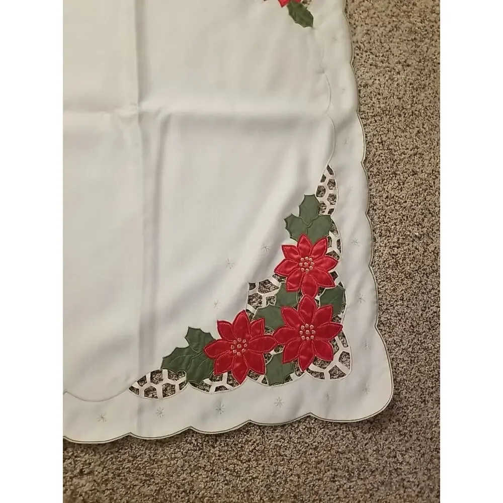 Vtg Poinsettia‎ Applique Christmas Lace Cut Work Tablecloth 52